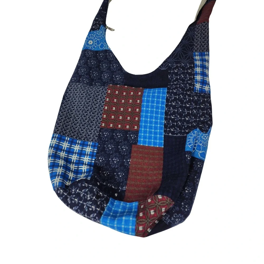Indigo Patchwork Hobo Bag Blue Cotton Canvas Crossbody Boho Sashiko Style